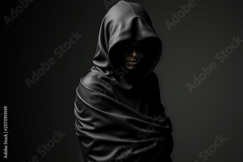 Mysterious person in black leather hood shrouded in shadows