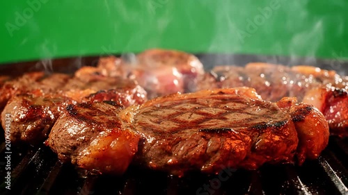 Juicy Marinated Meat Steaks Sizzling and Smoking on Hot Grill Grates
