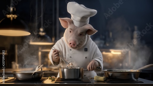 A pig working as a professional chef in a modern kitchen, skillfully preparing food amid rising steam and warm lighting, blending culinary craftsmanship.