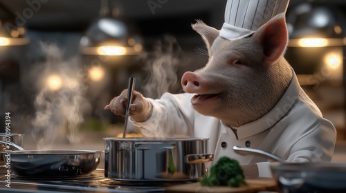 A pig working as a professional chef in a modern kitchen, skillfully preparing food amid rising steam and warm lighting, blending culinary craftsmanship.