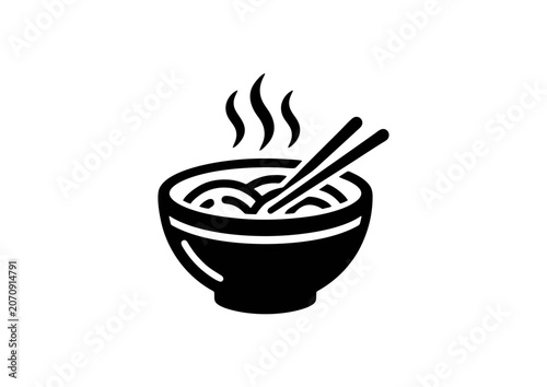 Black Vector Noodles Bowl Icon with Chopsticks and Steam for Asian Cuisine and Restaurant Menu Design