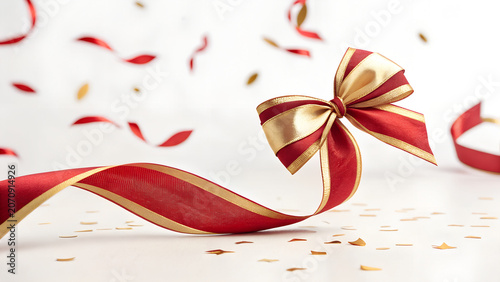 Festive Red and Gold Ribbon Bow – Elegant Gift Wrapping with Confetti and Decorative Celebration Photography Concept