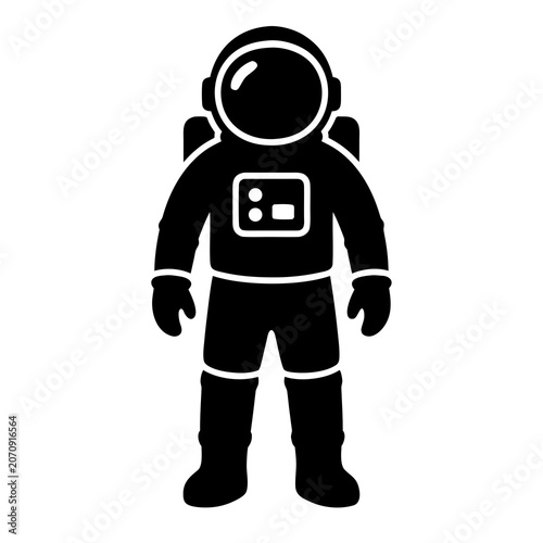 Black astronaut space suit silhouette isolated on white background, perfect for astronomy science posters, futuristic apparel design, cosmic cutting files, and high tech laser engraving