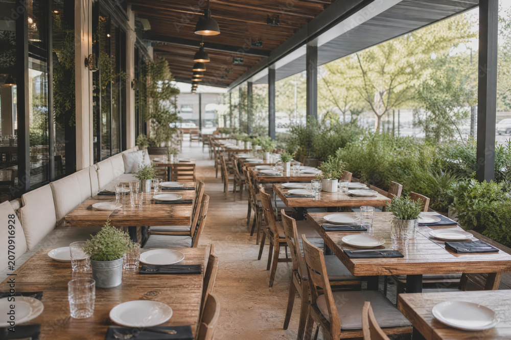 Fototapeta premium Wide Outdoor Restaurant Table Rows With Soft Faded Daylight Photographed In Bright Commercial With Layered Restaurant Depth