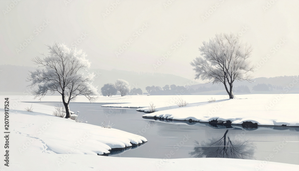Obraz premium Snowy winter landscape scene with trees and river