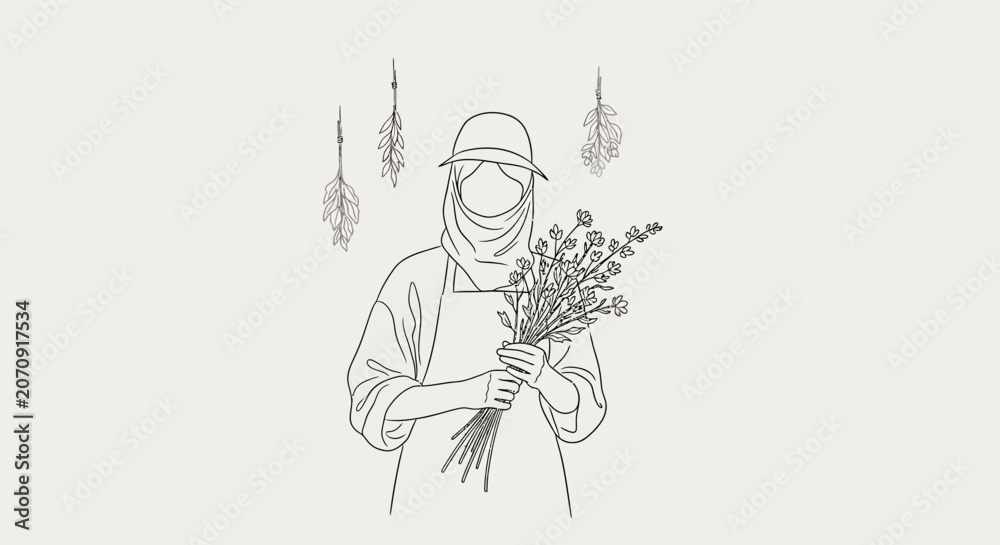 Obraz premium Woman holding flowers with leaves minimalist illustration for design