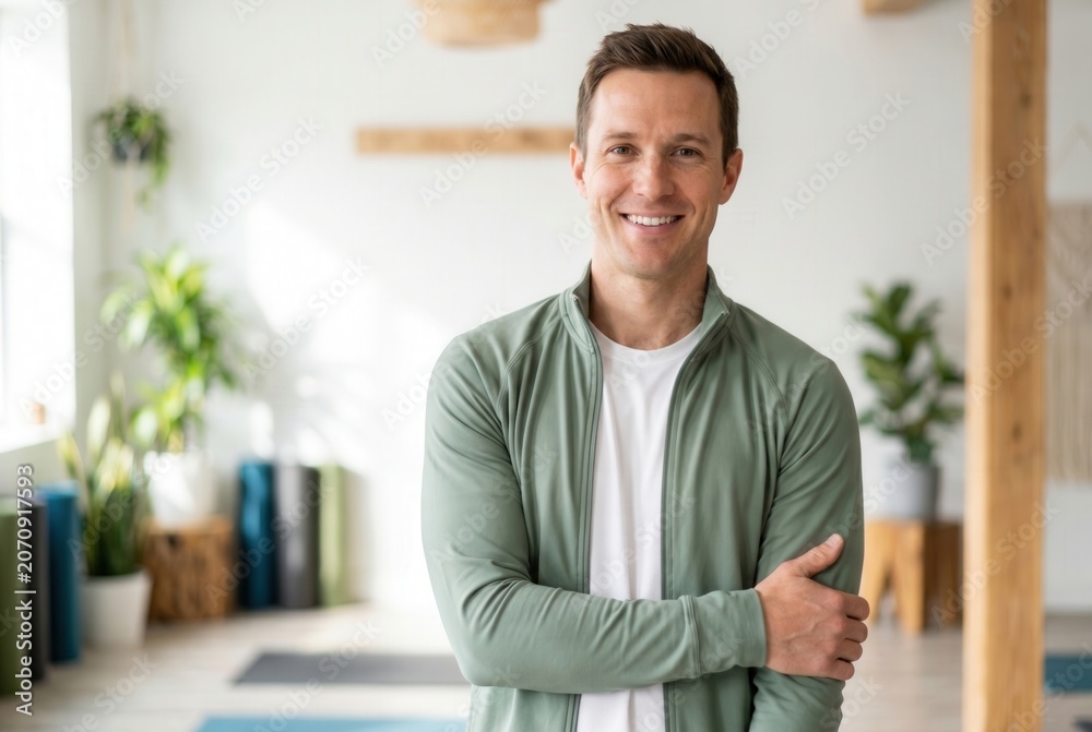Fototapeta premium Man standing confidently in a serene wellness space, promoting health and mindfulness