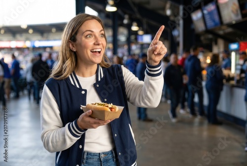 Young woman holding a hot dog and pointing, enjoying a live sports event at a stadium