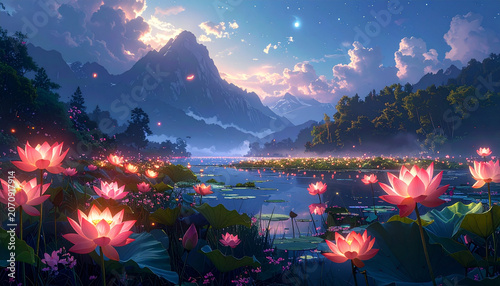 Lotus flowers bloom in lake at dusk landscape