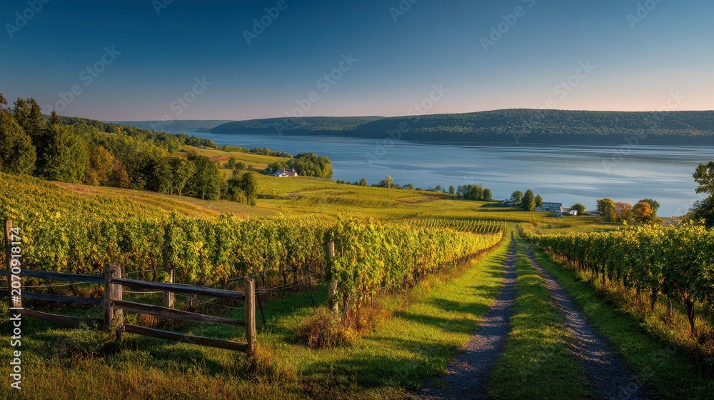 Fototapeta premium Pastoral vineyard panorama beside a tranquil lake with mountain backdrop