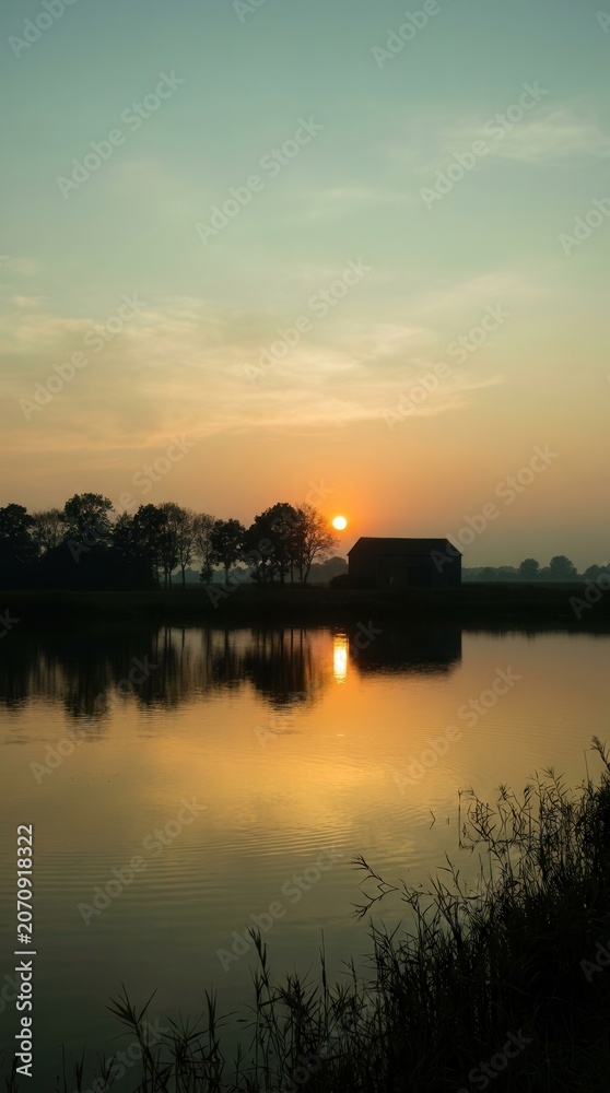 Naklejka premium Rural barn silhouetted against a golden sunrise over a calm lake with reflections
