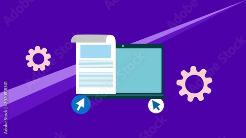 Laptop with document and gear icon animation, Flat laptop with a document overlay cursor arrows as wheels
