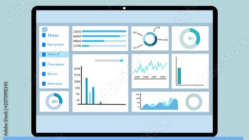 Laptop screen dashboard with multiple charts and sidebar menu animation