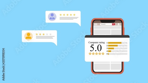Smartphone with 5.0 star rating popup animation, Mobile app five-star rating animated