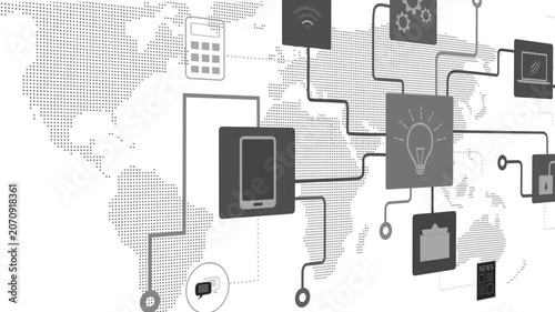 Abstract digital network animation with app icons connected by lines over a dotted world map animation