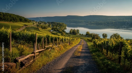 Vineyard shoreline along Seneca Lake in the Finger Lakes wine country at golden hour