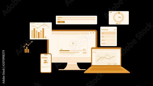 Flat animation of multiple devices showing charts, graphs and analytics widgets on a mint animated