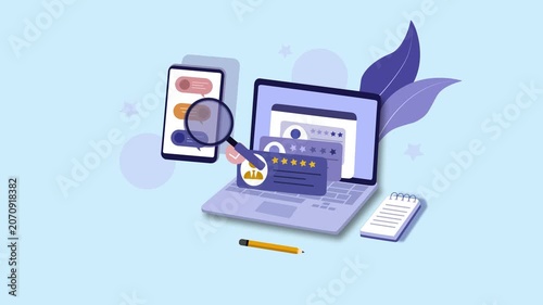 Online review and rating animated, Flat animation of online reviews and messaging
