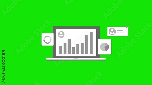 Flat-style animation of a laptop with ascending bar chart on screen surrounded by floating cards showing pie charts and user icons