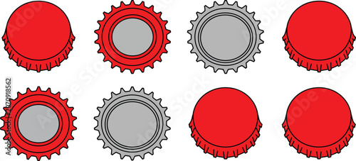 Tableau sur toile Cartoon metallic bottle caps icons set, generic beer soda and lemonade container lid designs