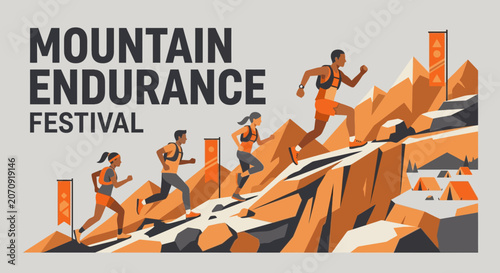Mountain Endurance Festival Bold Typography And Runners Ascending Hillside