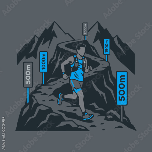 Mountain Trail Runner Ascending Steep Rocky Path With Elevation Markers