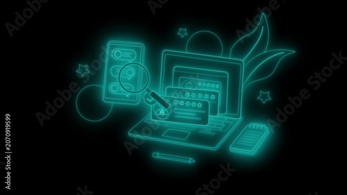 Neon glowing laptop searching icons animation