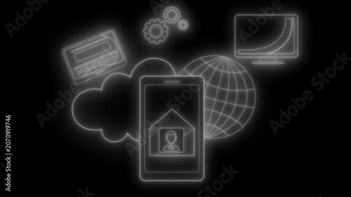 Glowing neon icons representing cloud, mobile device with house avatar animation
