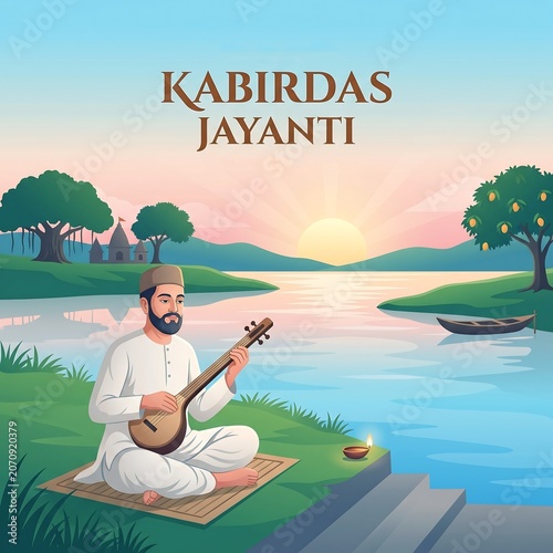 Man playing instrument on kabirdas jayanti by serene lake at sunset