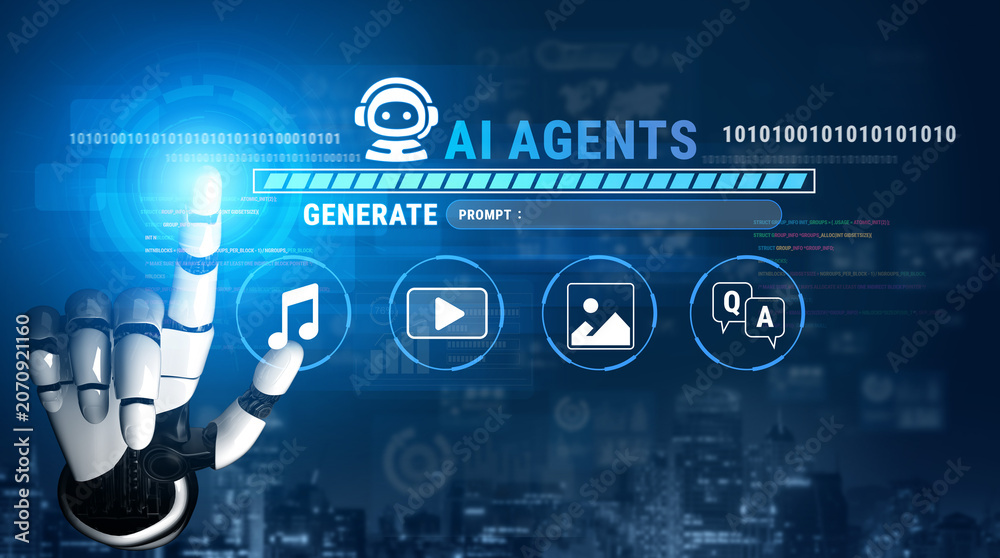 Fototapeta premium Futuristic AI Agents Interface with Robotic Hand for Generating Music, Videos, Images, and Textual Responses in Digital Space Fluxor.