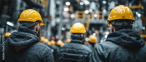 Manufacturing team gathers in a factory setting where supervisors technicians work together wearing safety helmets ensure a productive environment