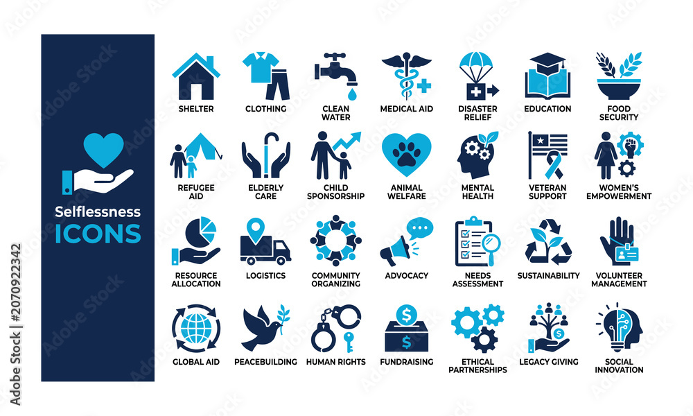 Fototapeta premium Selflessness, charity, nonprofit, humanitarian, aid, volunteering, donation, community, support, global, relief, social, welfare, philanthropy, flat, icons, vector, illustration, set, design