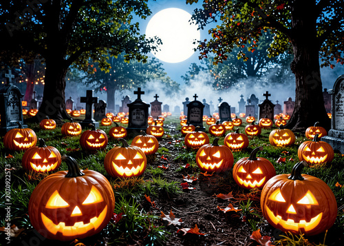 An enchanted cemetery full of glowing jack-o'-lanterns under a full moon, surrounded by trees and fog