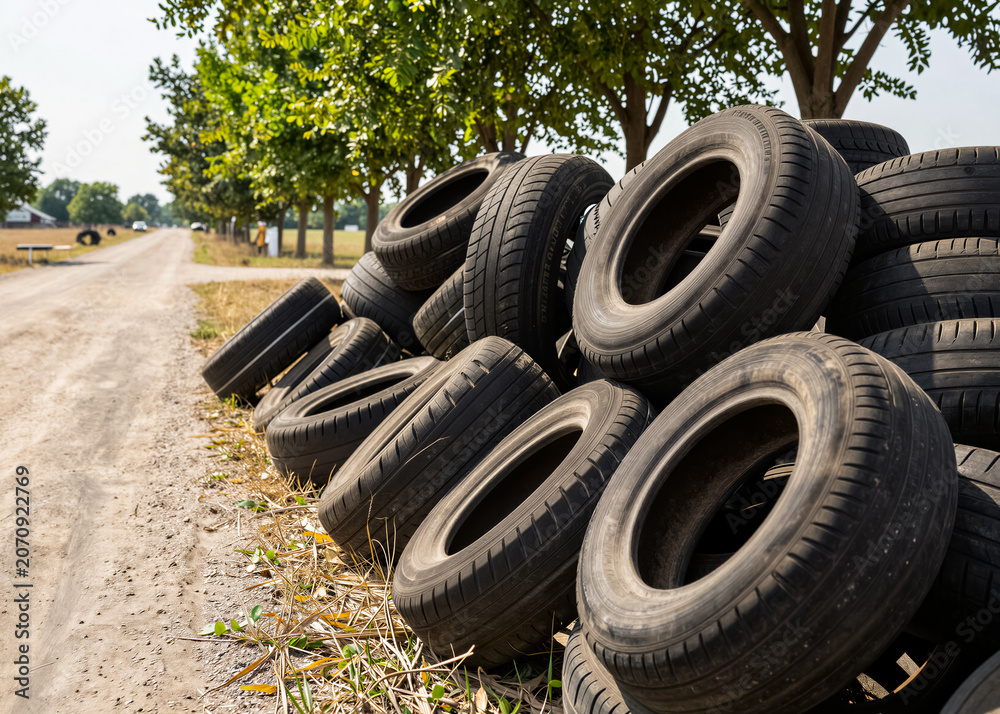 Obraz premium A large pile of used car tires abandoned on the side of a dirt road in a rural area; green trees and dry grass