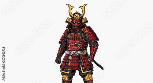 Traditional samurai warrior standing in full red gold armor.