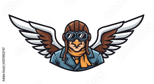 Vintage pilot aviator mascot with goggles and feathered wings.