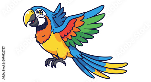 Vibrant tropical macaw parrot cartoon character isolated on white.