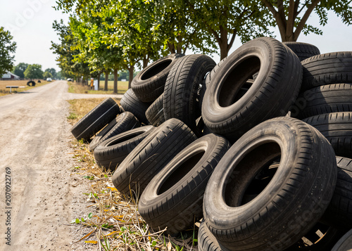 A large pile of used car tires abandoned on the side of a dirt road in a rural area; green trees and dry grass
