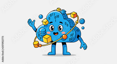 Waving blue cloud mascot with orbiting data icons.