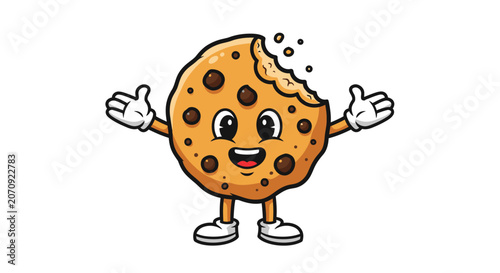 Waving chocolate chip cookie character with a bite mark.
