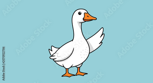 White goose cartoon character standing on blue background.