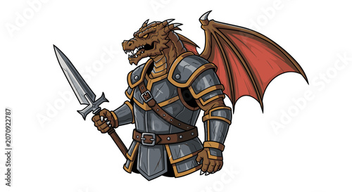 Winged dragon warrior character in medieval armor holding sword.