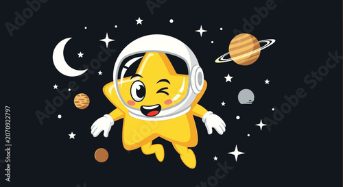 Winking star astronaut mascot with planets and moon scene
