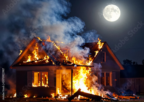 At night, under a full moon, a house is engulfed in flames, with smoke rising and debris scattered around