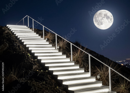 A glowing white staircase leads up a dark mountain towards a full moon under a starry night sky