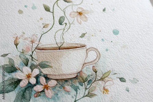 Pastel jasmine flowers around a teacup in soft watercolor