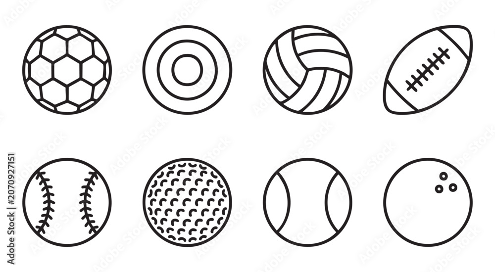 Fototapeta premium Set of eight outline sports balls representing various games isolated on transparent grid background.