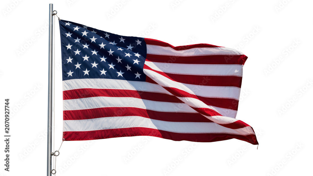 Obraz premium Isolated American flag waving proudly on a flagpole, symbolizing freedom and patriotism