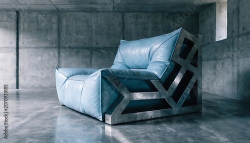 High-end architectural furniture photography of a sculptural brutalist lounge chair featuring pale sky-blue leather padding with subtle creasing, supported by exposed raw brushed-steel framework