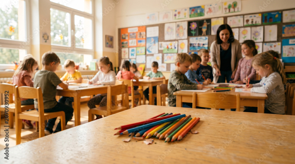 Obraz premium Salle de Classe avec Enseignante et Élèves